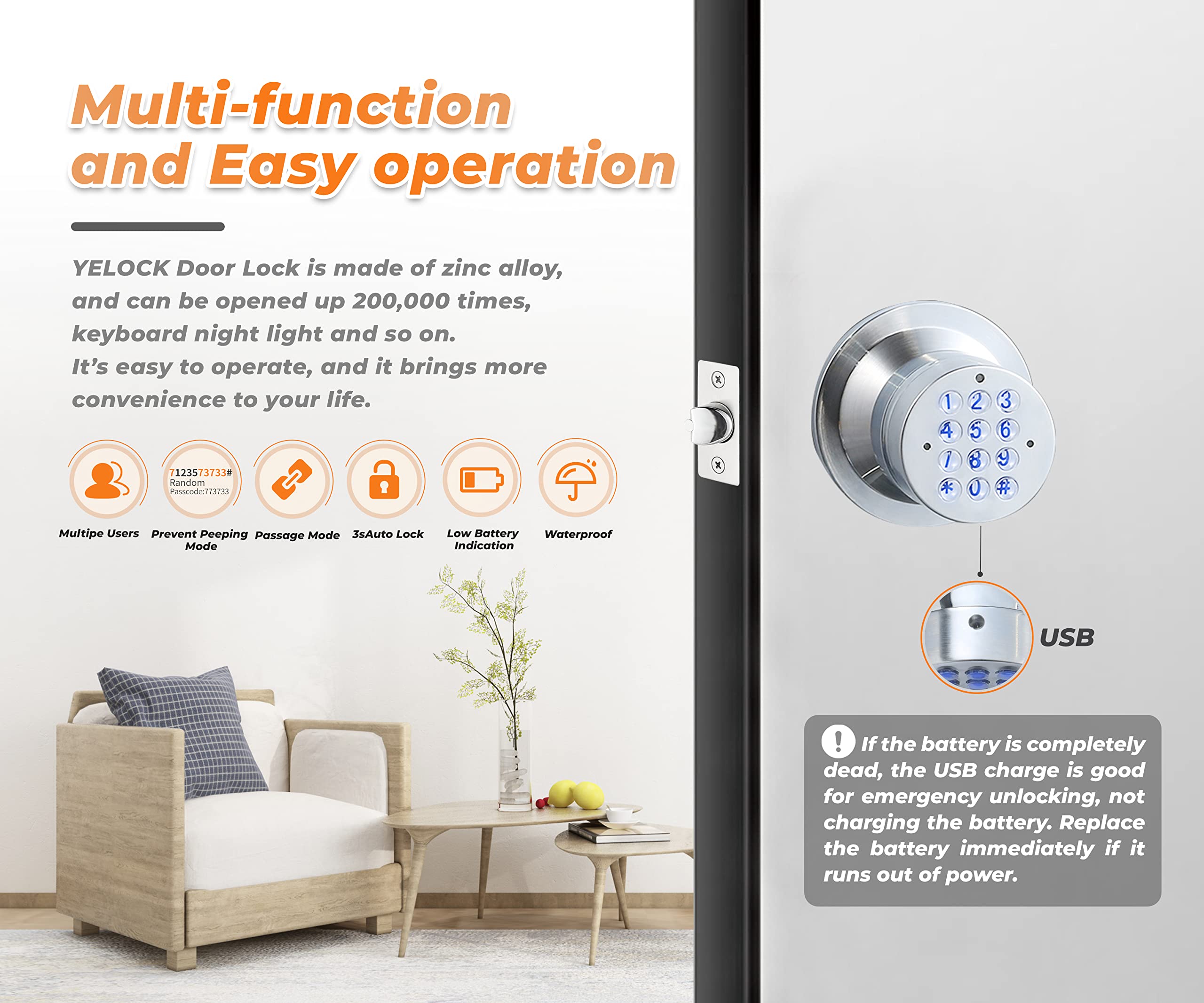 Buoan keypad door knob backlit keypad for easy use at night.