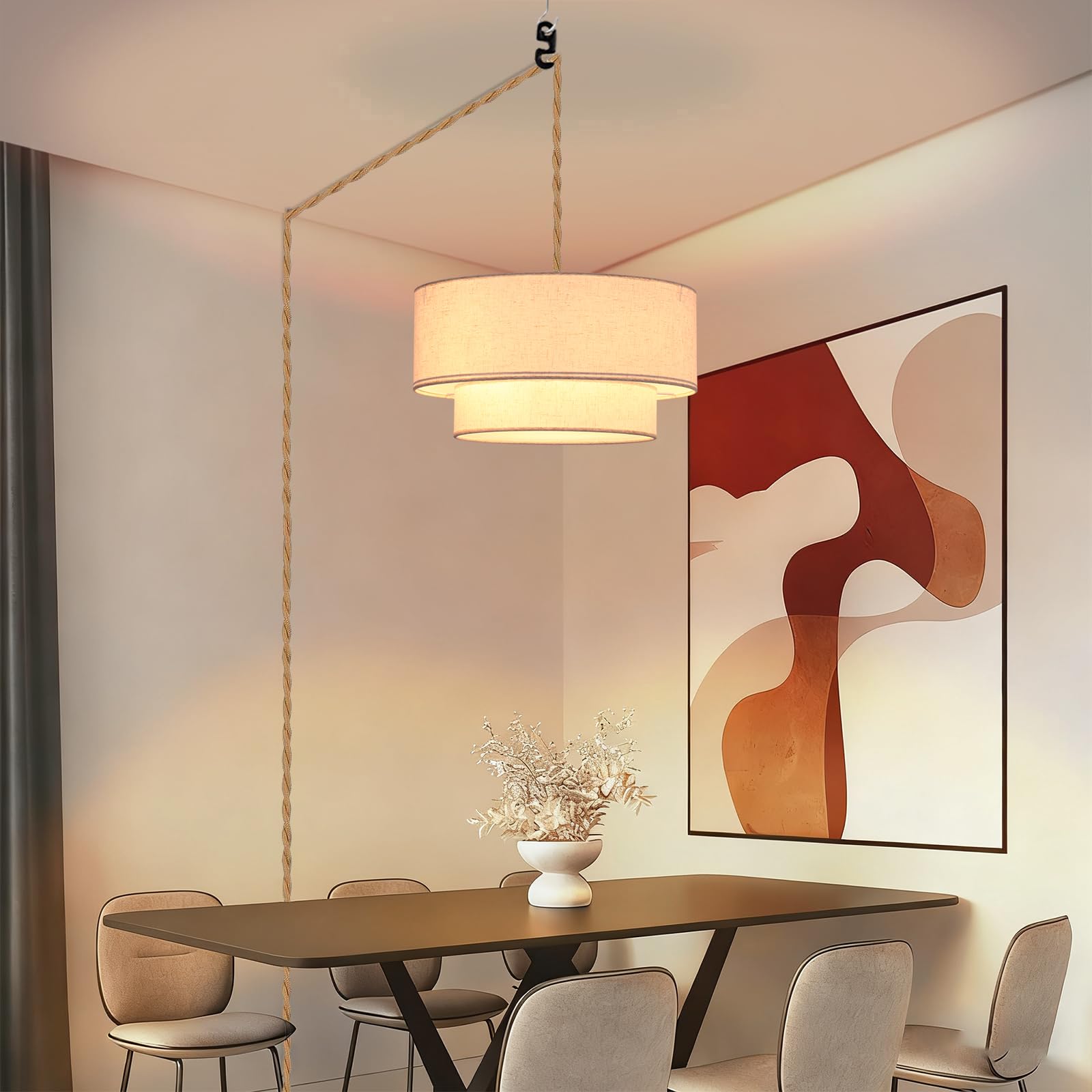 Close up of Buovikalo pendant over dining room creating ambient dining ambience