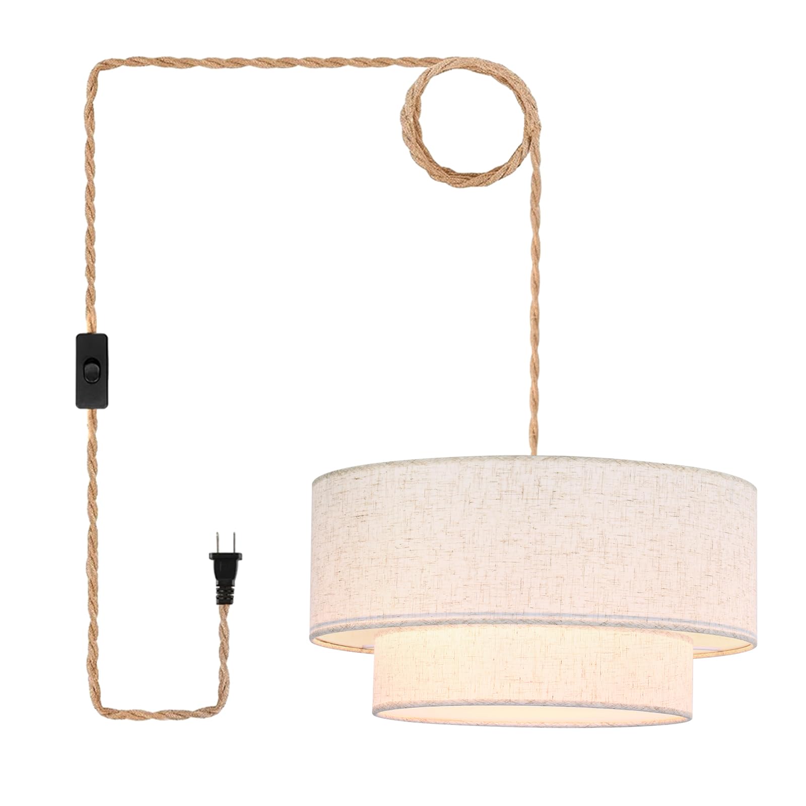 Buovikalo plug-in pendant light close view of the drum linen shade for warm illumination