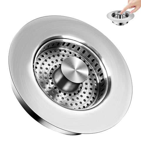 Buowinixi 3-in-1 kitchen sink drain strainer with universal fit in stainless steel.