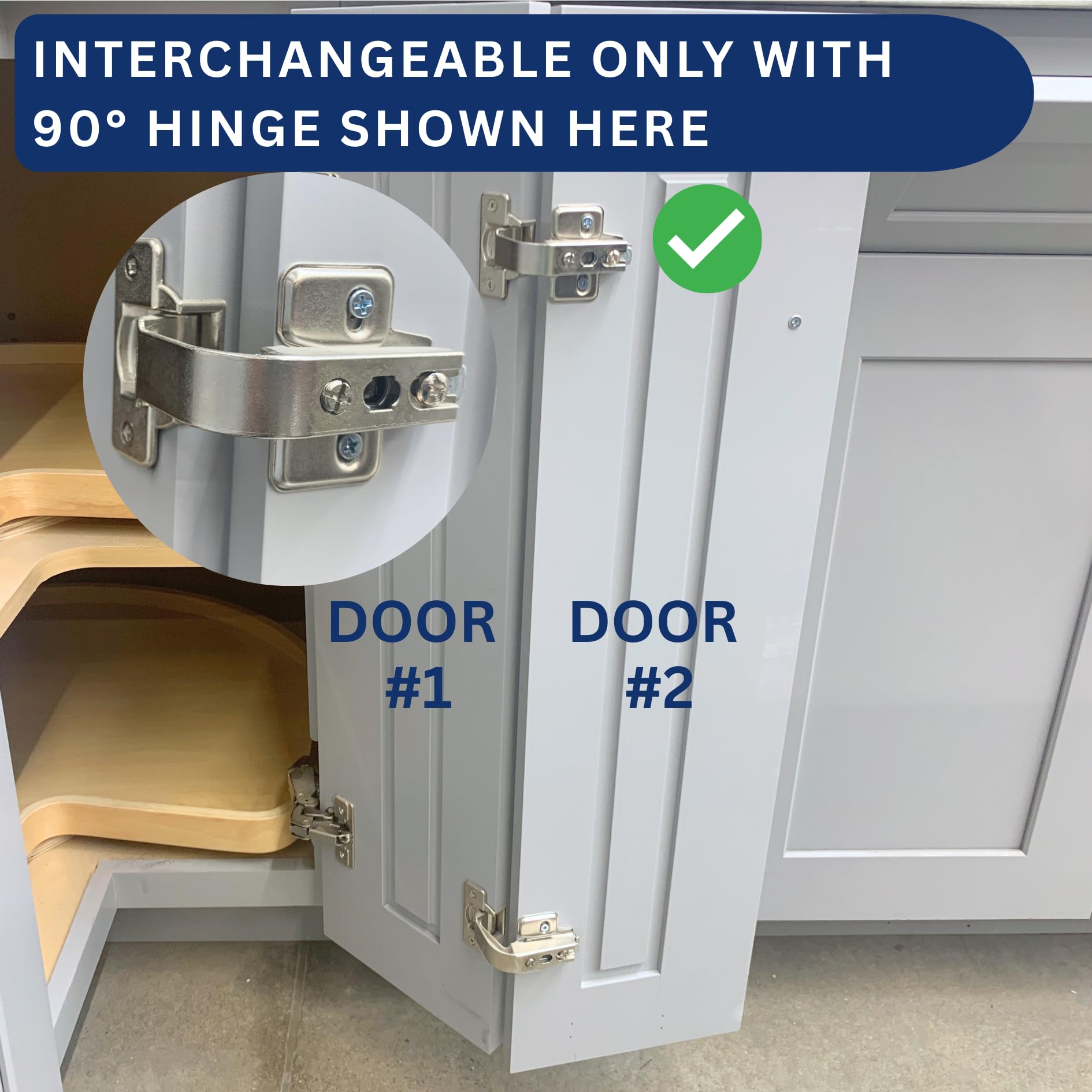 BURKS pie-cut design hinge demonstrates seamless corner cabinet movement.