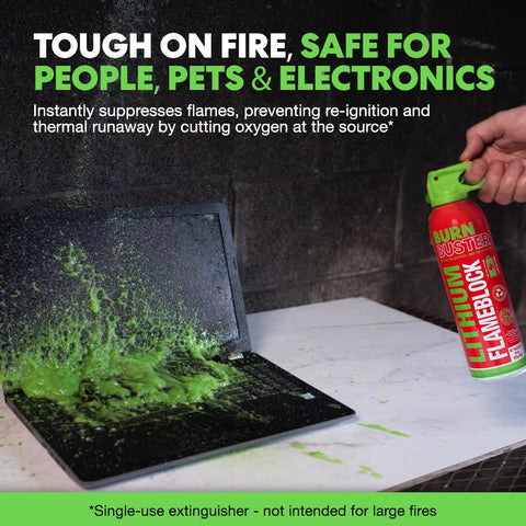 BurnBuster compact portable gel extinguisher fits in drawers and cars.