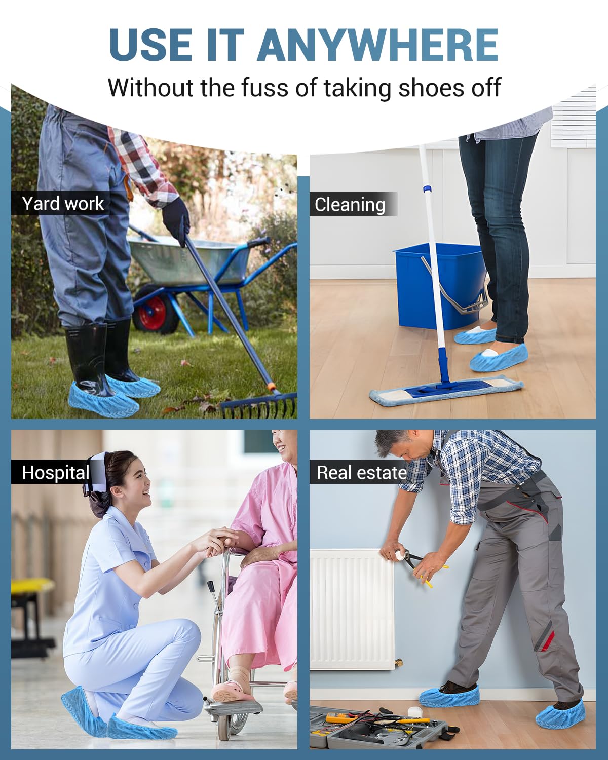 Blue Buself shoe covers used in construction or cleaning site.