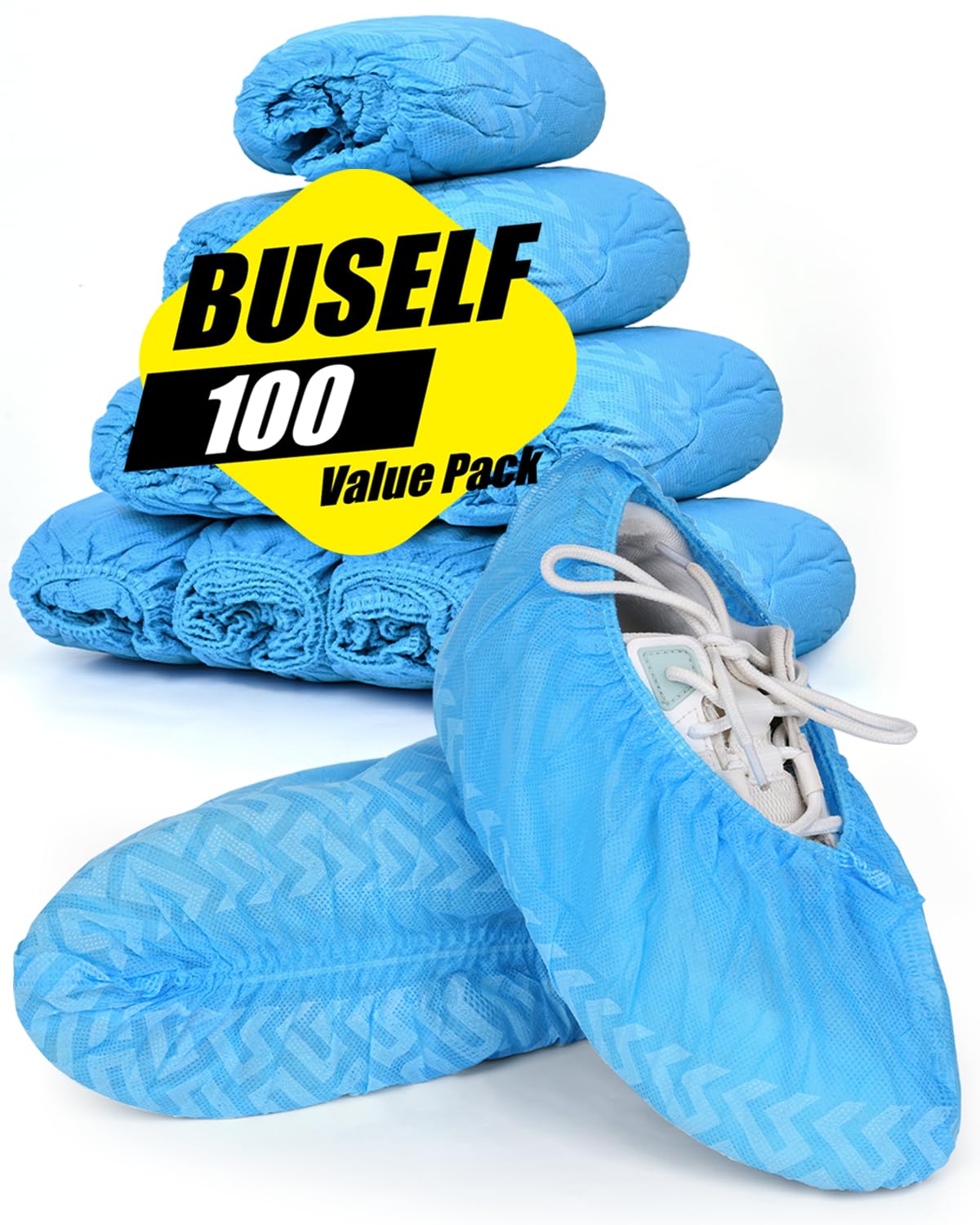 Buself X-Large blue shoe covers front view showing full coverage and protection.