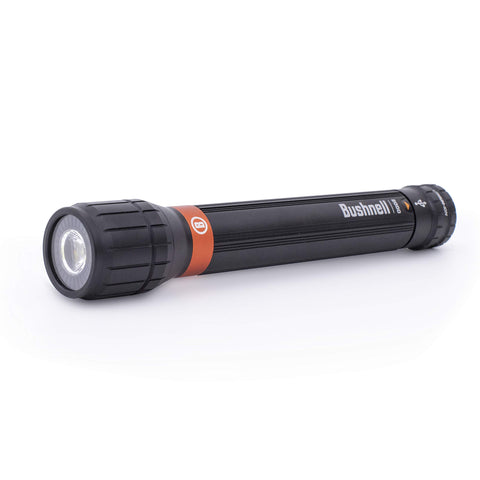 Bushnell 2000 Lumen Rechargeable Flashlight front view showing bright, broad illumination