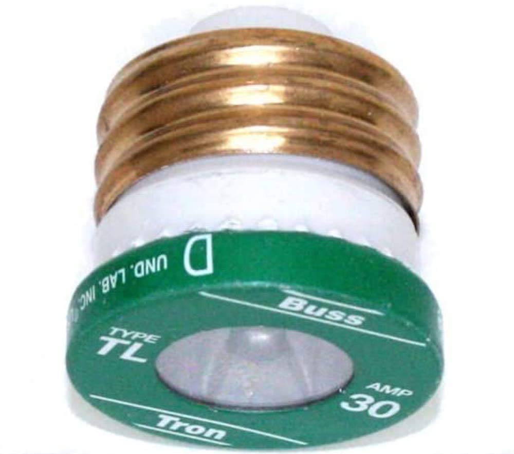 Close-up of Bussmann 30A TL time-delay fuse for residential motor circuits