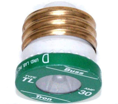Close-up of Bussmann 30A TL time-delay fuse for residential motor circuits