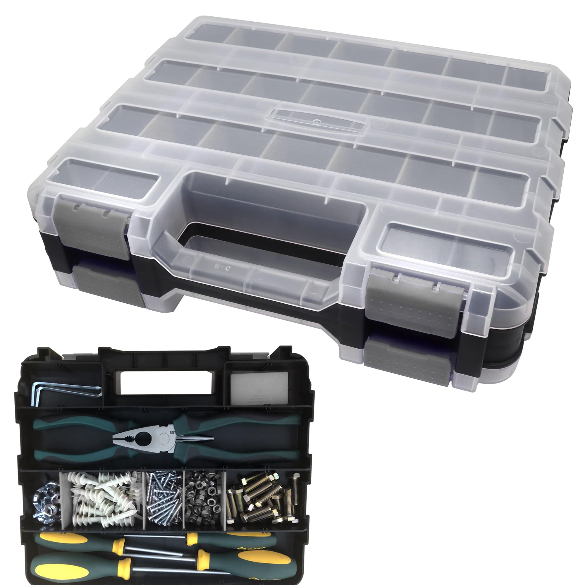 Busy-Corner double-side toolbox front view shows compact hardware storage.