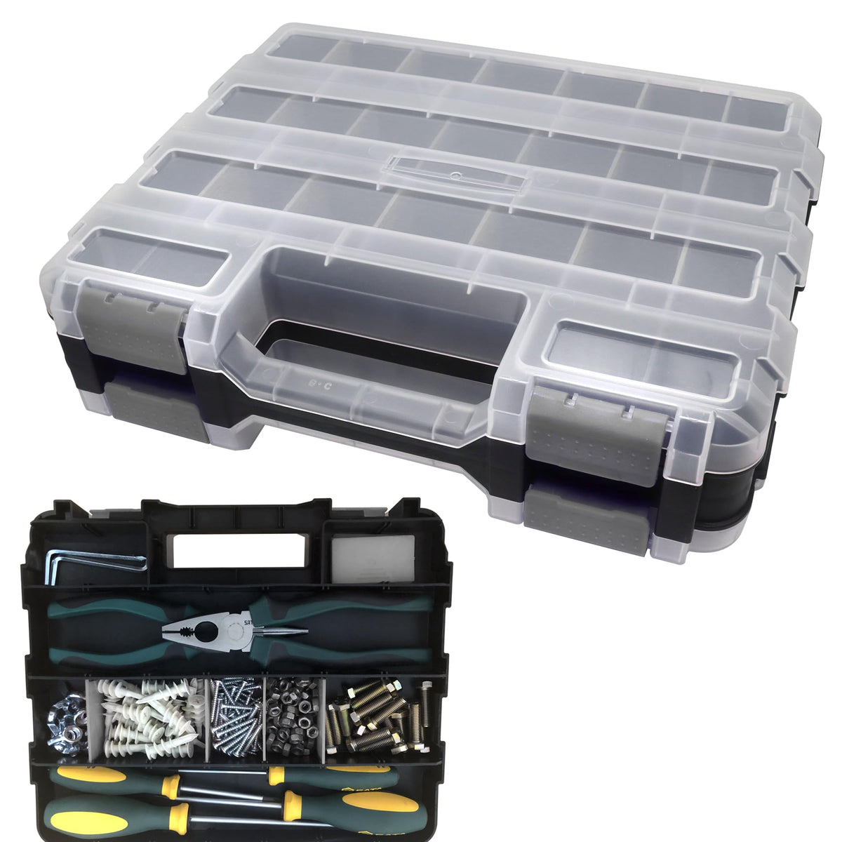 Busy-Corner double-side toolbox front view shows compact hardware storage.