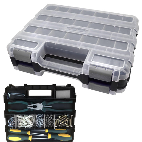 Busy-Corner double-side toolbox front view shows compact hardware storage.