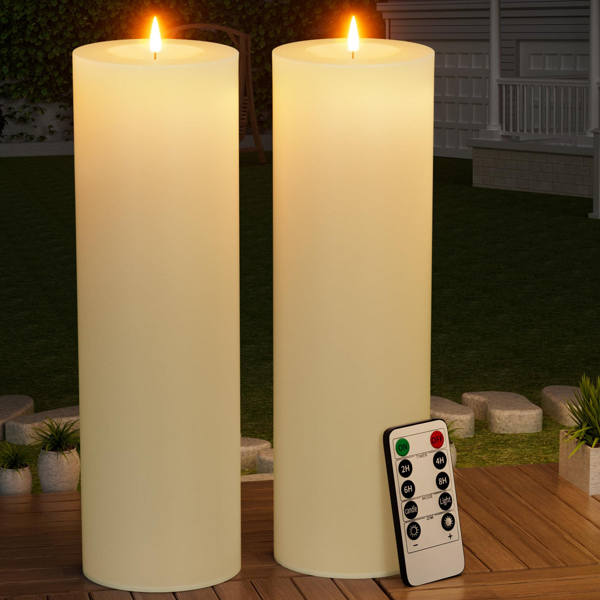 BUTHY 14x4 outdoor ivory candle with remote delivers long-lasting patio ambiance.