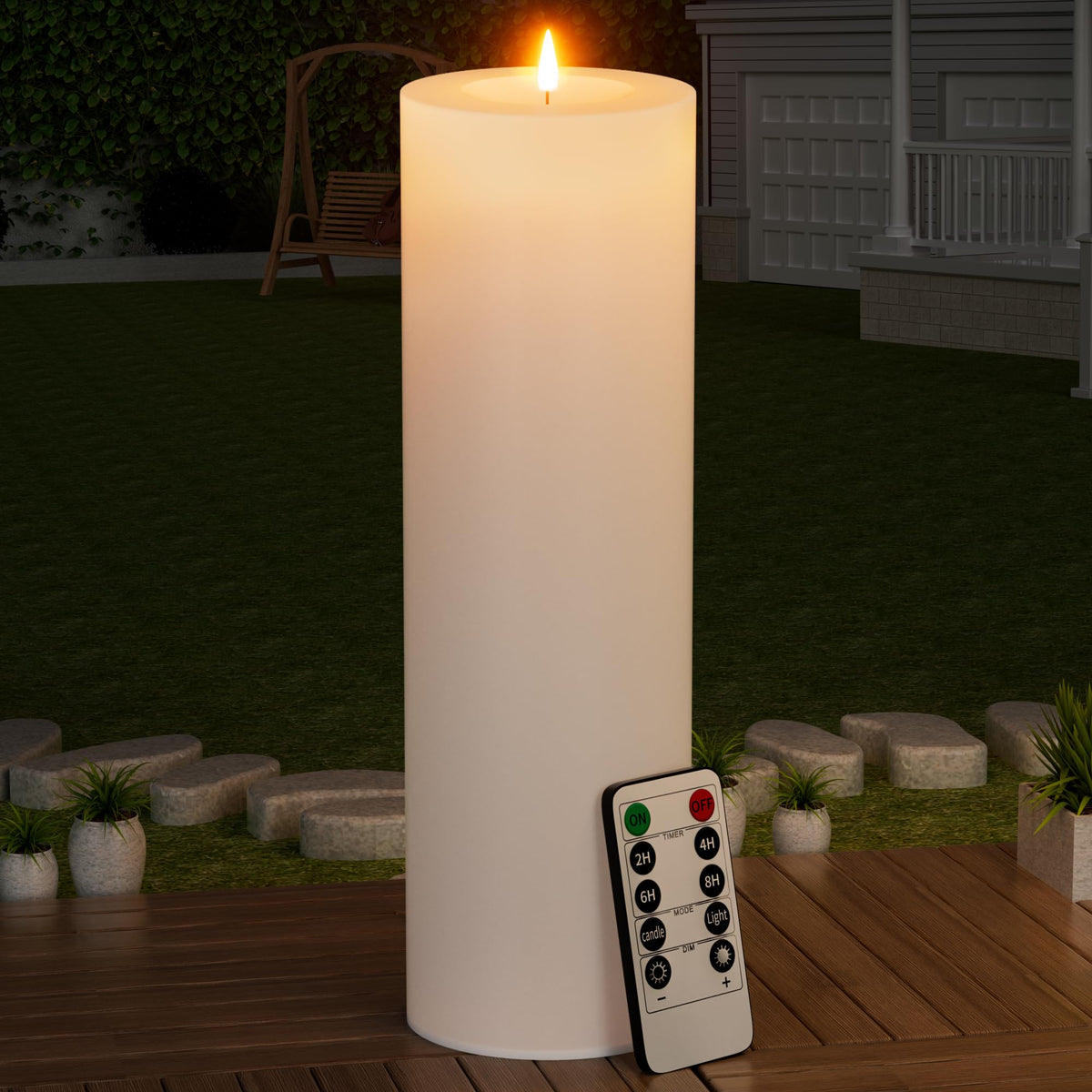 BUTHY outdoor candle 14x4 white with realistic wax look for patios.