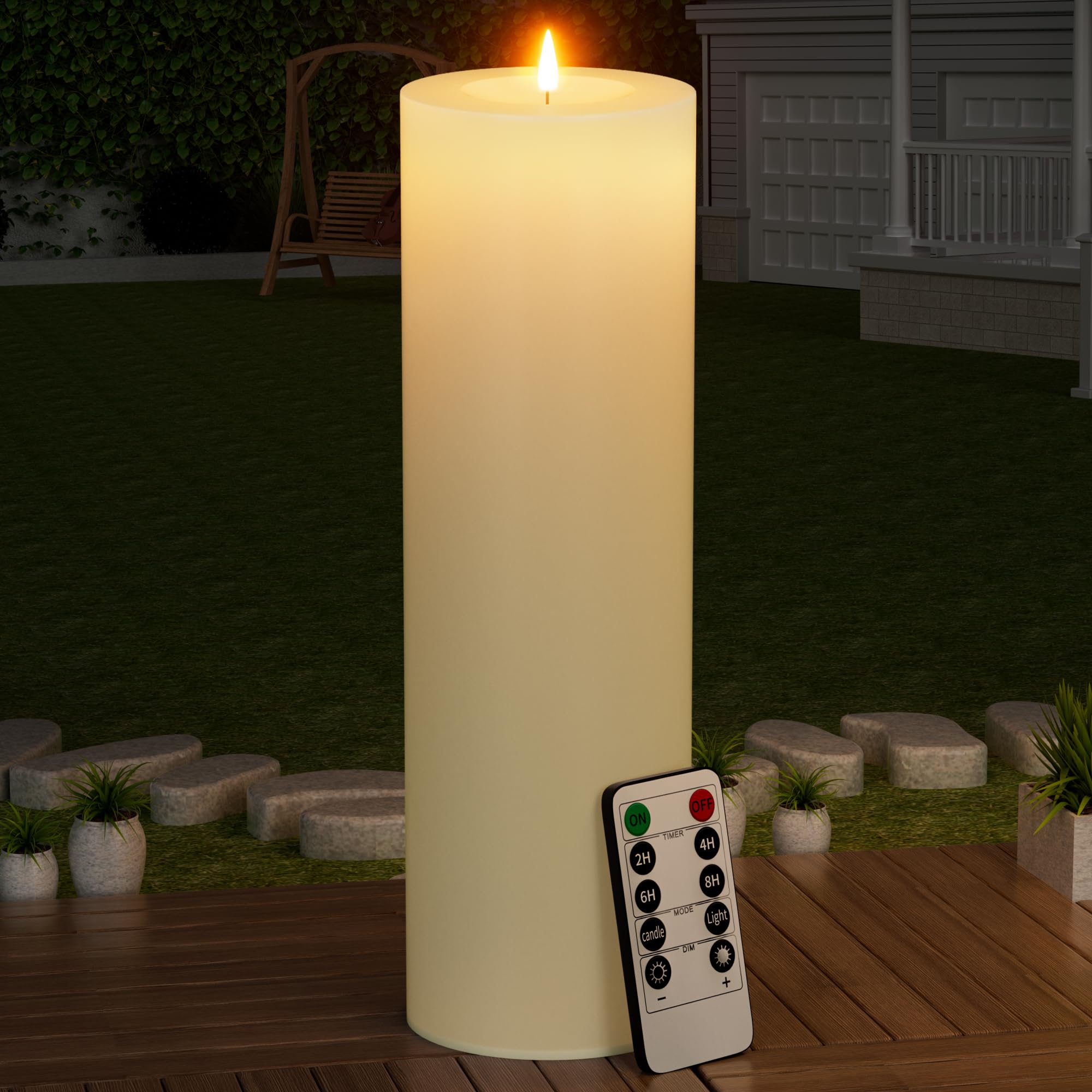 BUTHY outdoor ivory candle front view enhances a cozy patio ambiance.