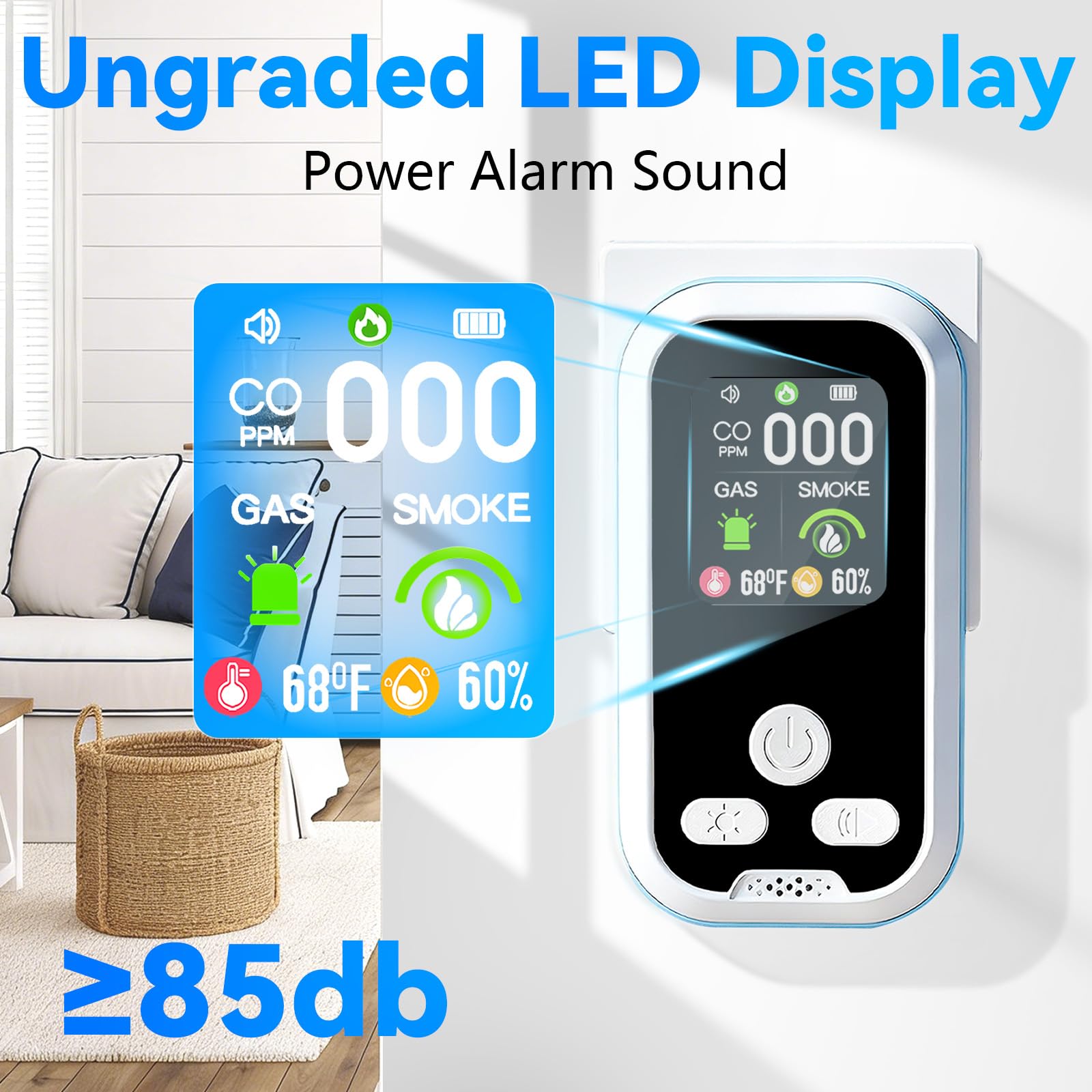 Buwheekoki HD display reads CO, gas, temperature, and humidity at a glance.