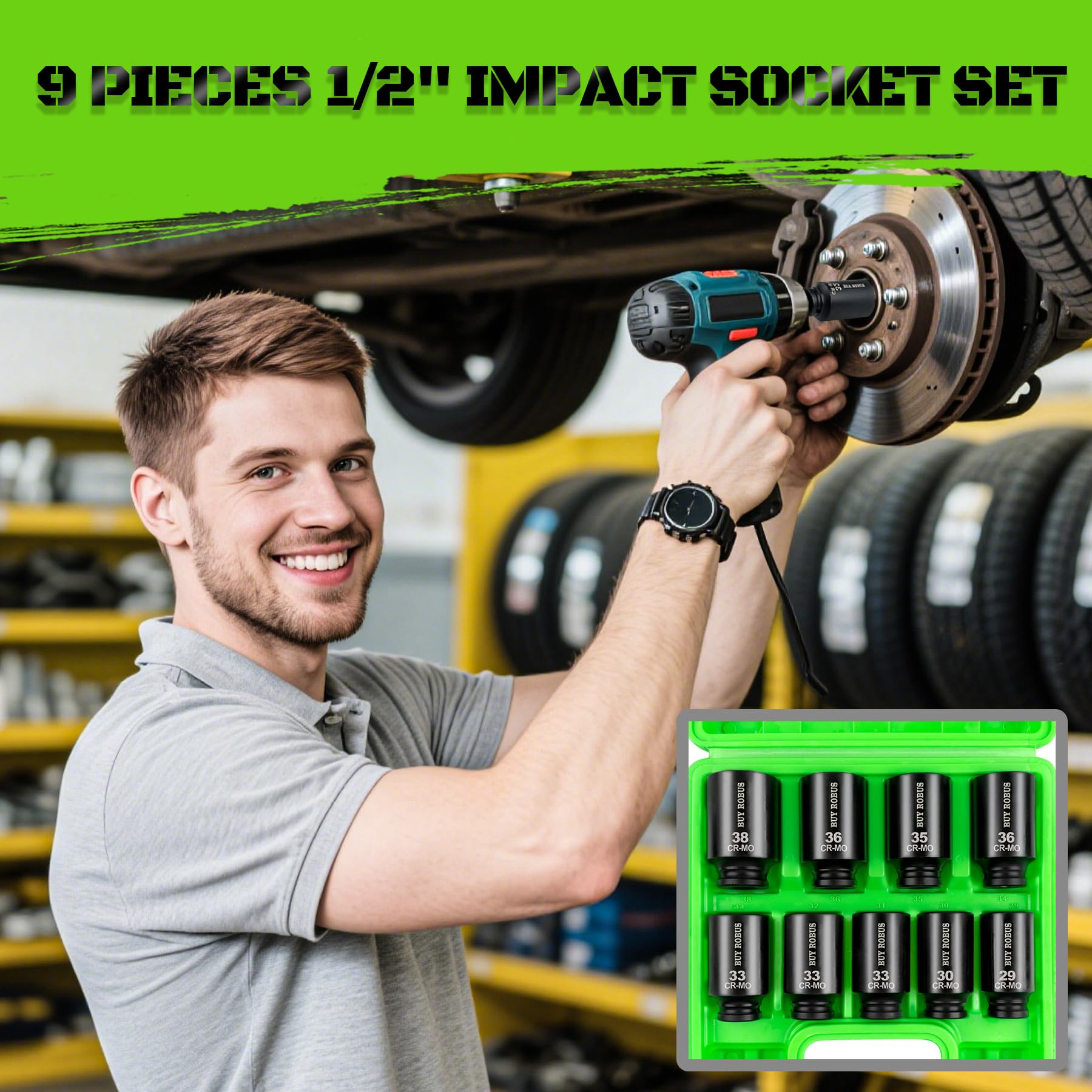 BUYROBUS green carrying case keeps sockets organized on site