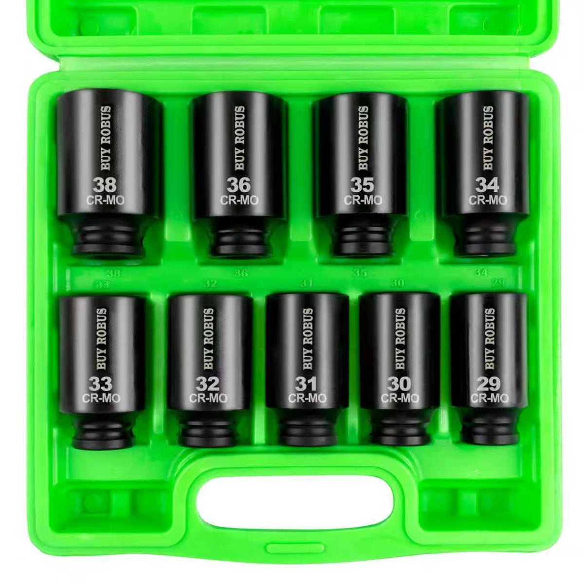 BUYROBUS half-inch drive socket set with deep sizes 29–38mm for heavy-duty axle nuts