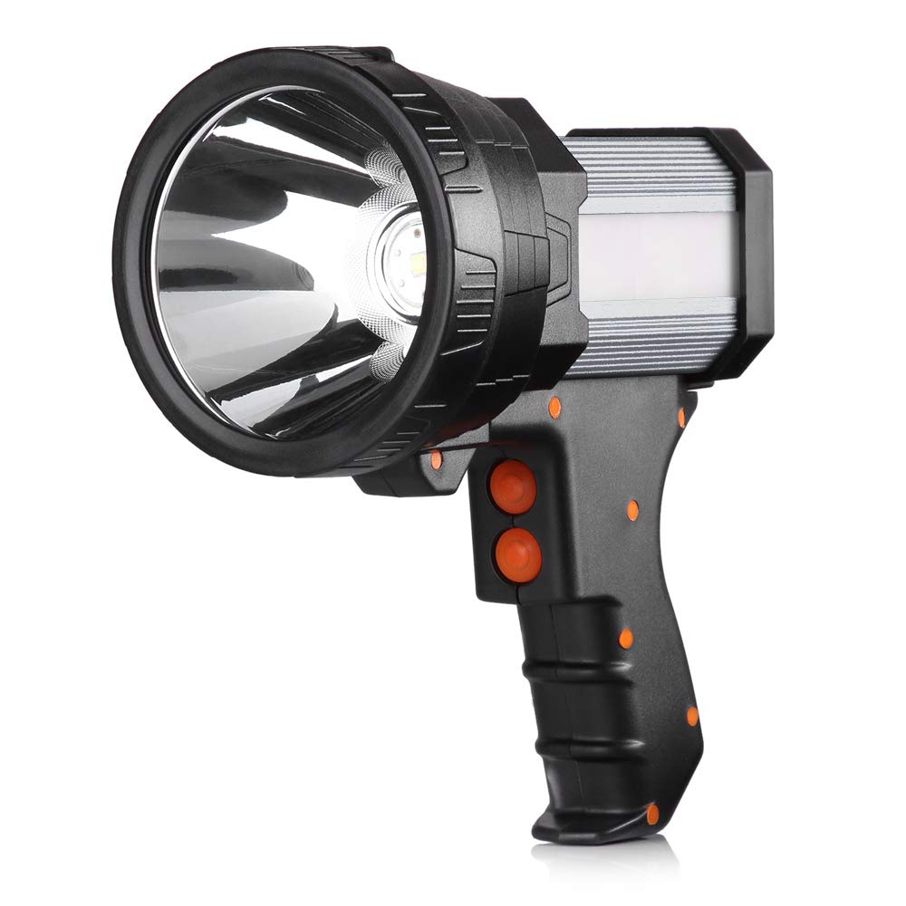 BUYSIGHT rechargeable spotlight front view showing 1,000,000-lumen beam for wide outdoor visibility