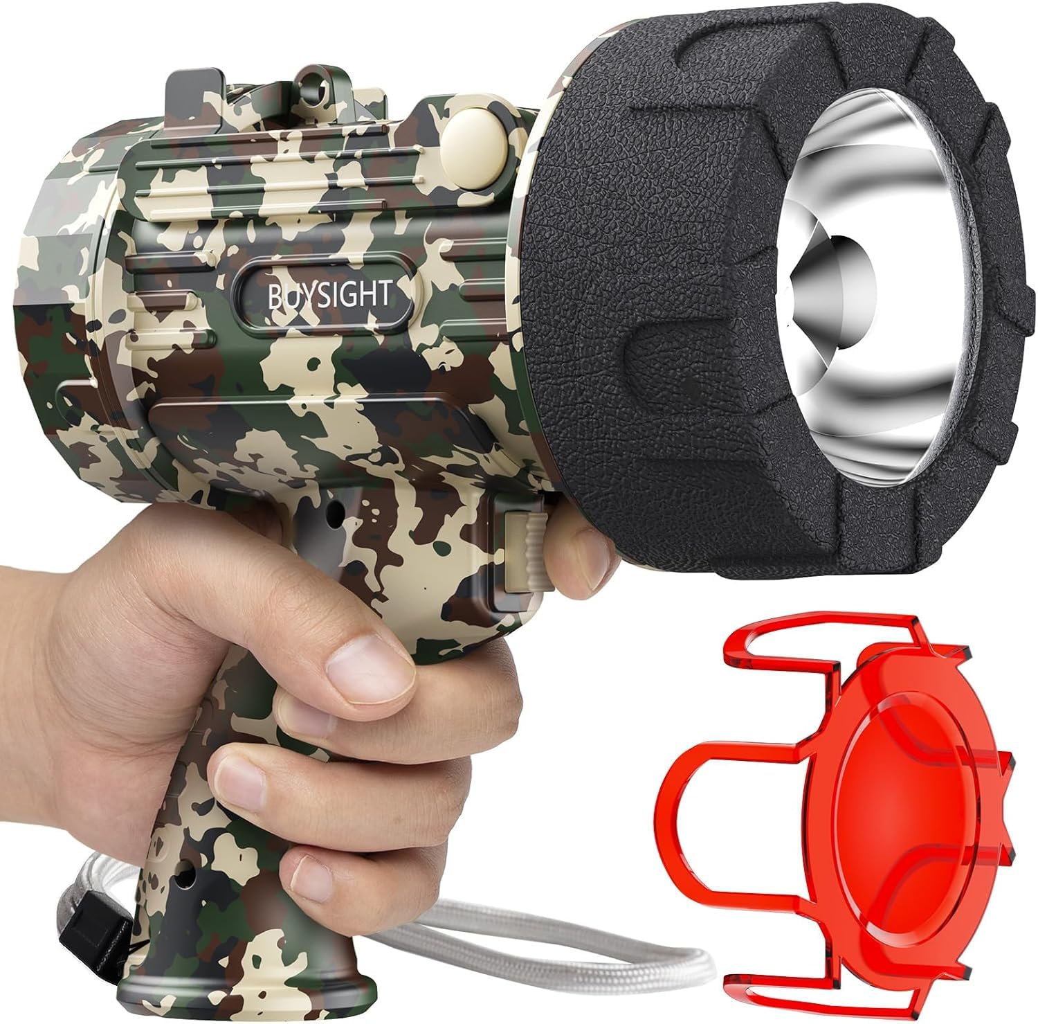 BUYSIGHT rechargeable spotlight front view shows powerful 1,000,000 lumens for wide-area scanning.