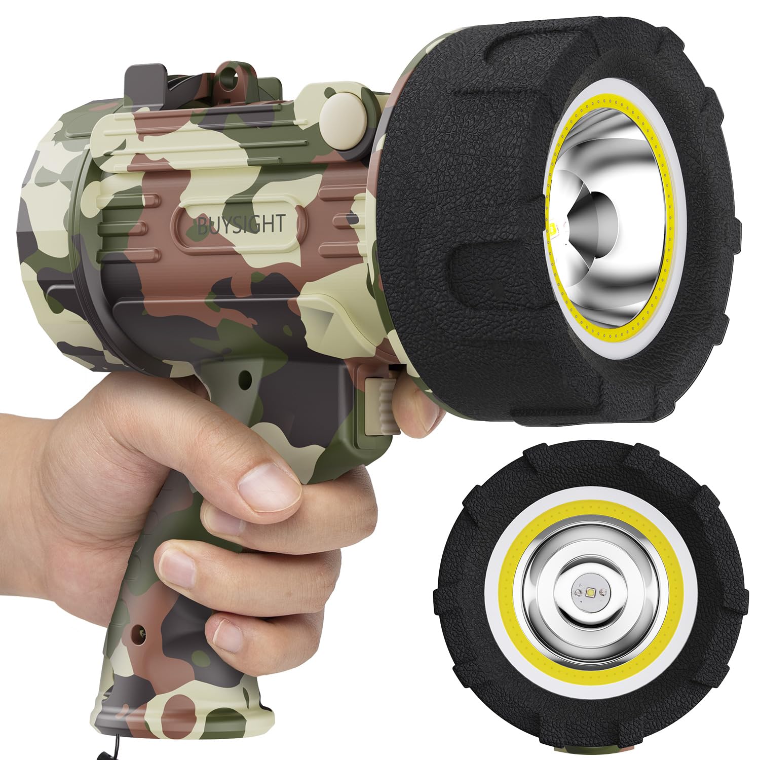 BUYSIGHT rechargeable spotlight front view for rugged outdoor use.