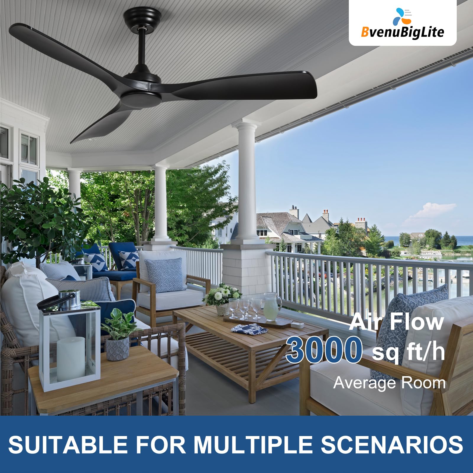 BvenuBigLite ETL-certified ceiling fan designed for safe outdoor use.