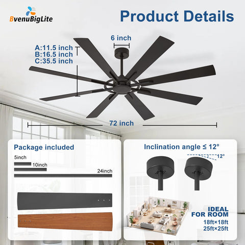 BvenuBigLite no-light outdoor ceiling fan in black and walnut finish.