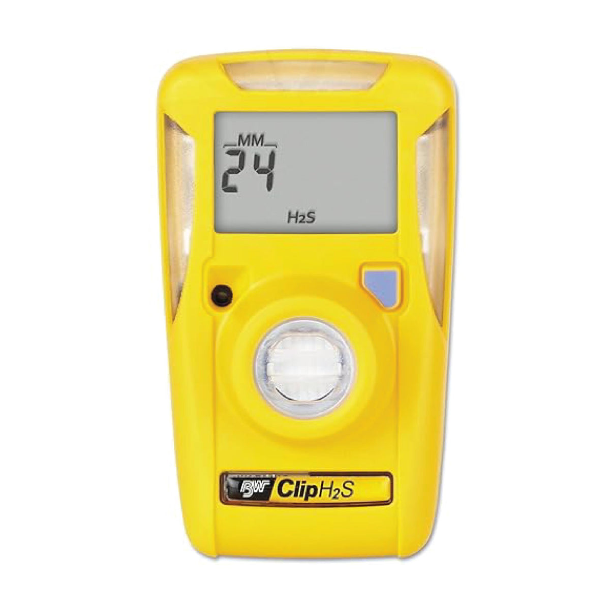 BW Technologies BW Clip H2S detector front view showing compact yellow unit for hydrogen sulfide monitoring