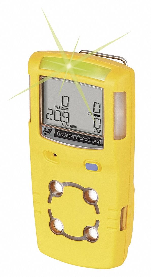 BW Technologies MCXL-XWHM-Y-NA GasAlertMicroClip XL front view, a compact four-gas detector for site safety.