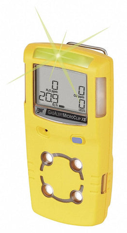 BW Technologies MCXL-XWHM-Y-NA GasAlertMicroClip XL front view, a compact four-gas detector for site safety.