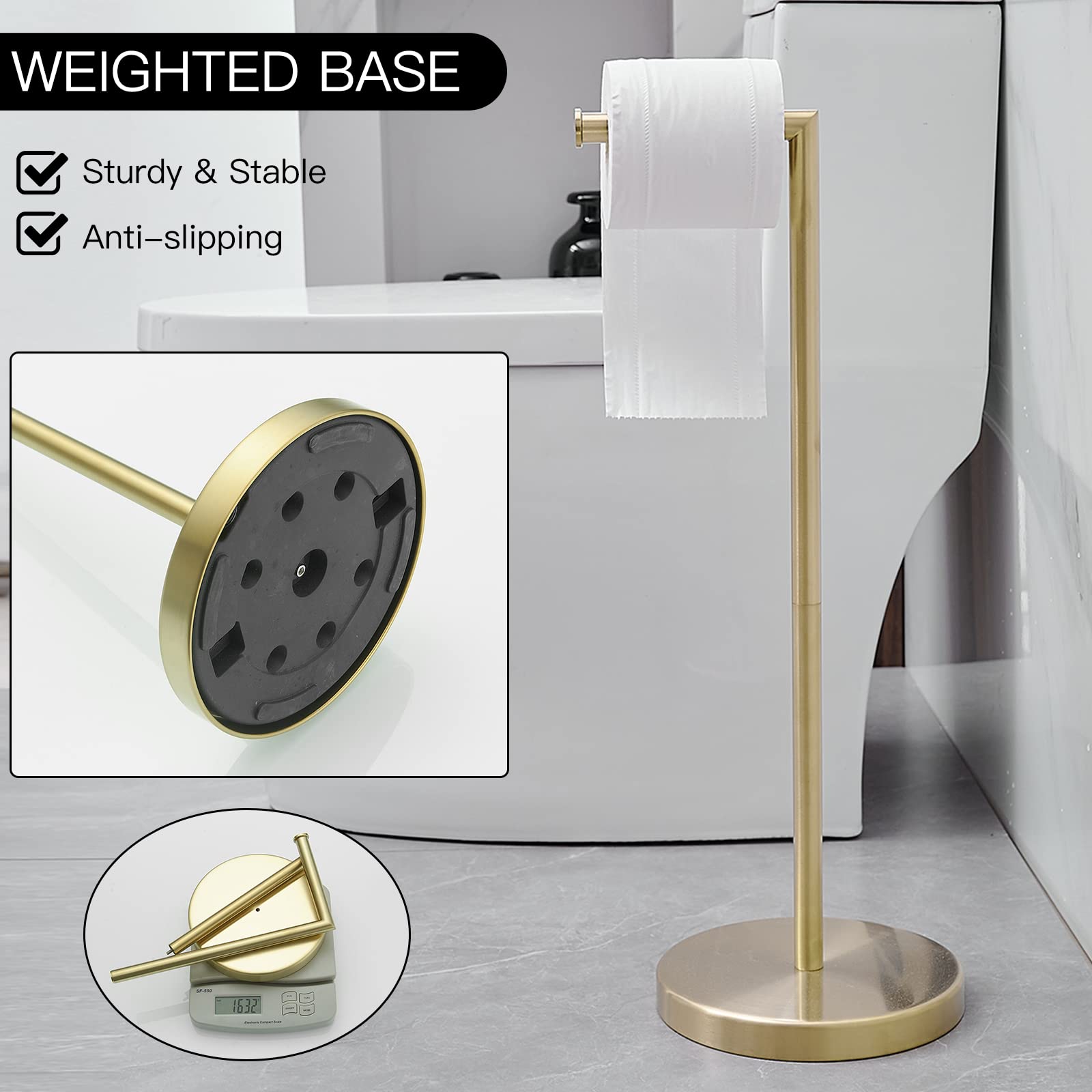 BWE brushed gold toilet paper holder stand base detail with non-slip 7.9-inch chassis.