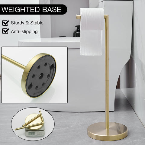 BWE brushed gold toilet paper holder stand base detail with non-slip 7.9-inch chassis.