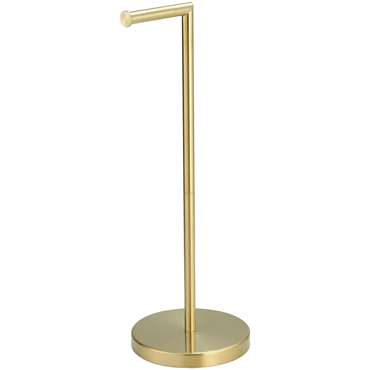 BWE brushed gold toilet paper holder stand front view, showcasing modern design and sturdy base.