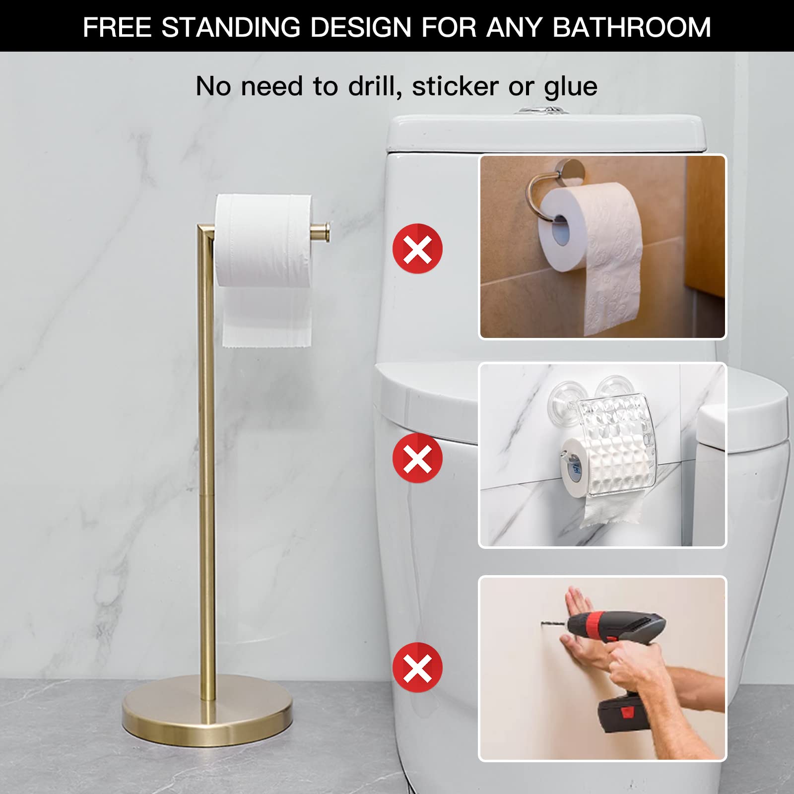 BWE brushed gold toilet paper holder stand in a bathroom setup, illustrating free-standing convenience.