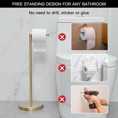 BWE brushed gold toilet paper holder stand in a bathroom setup, illustrating free-standing convenience.