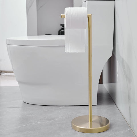 BWE brushed gold toilet paper holder stand packaged ready for quick setup.