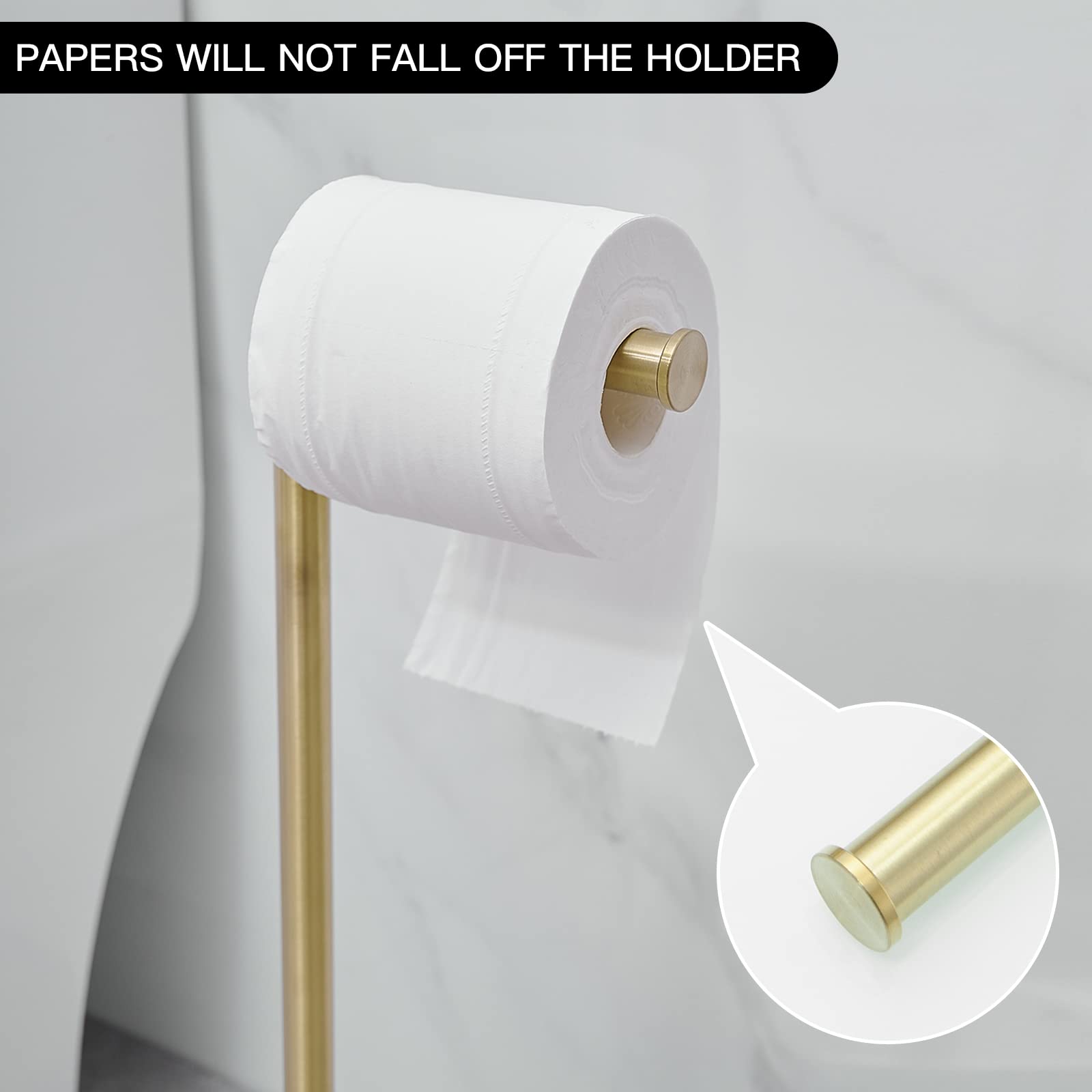 BWE brushed gold toilet paper holder stand roll arm close-up, showing 5.9-inch arm length.