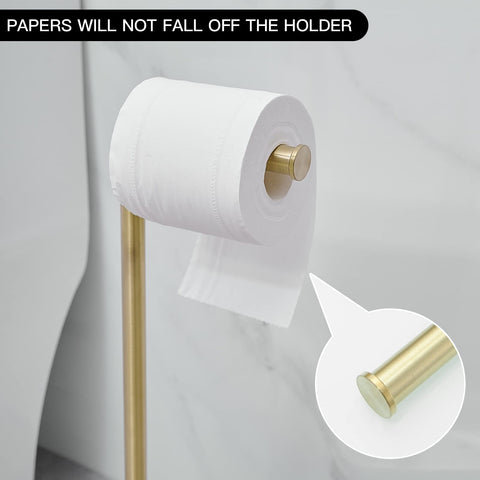 BWE brushed gold toilet paper holder stand roll arm close-up, showing 5.9-inch arm length.