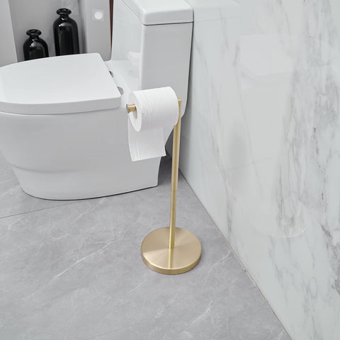 BWE brushed gold toilet paper holder stand side angle, highlighting easy placement near sink.