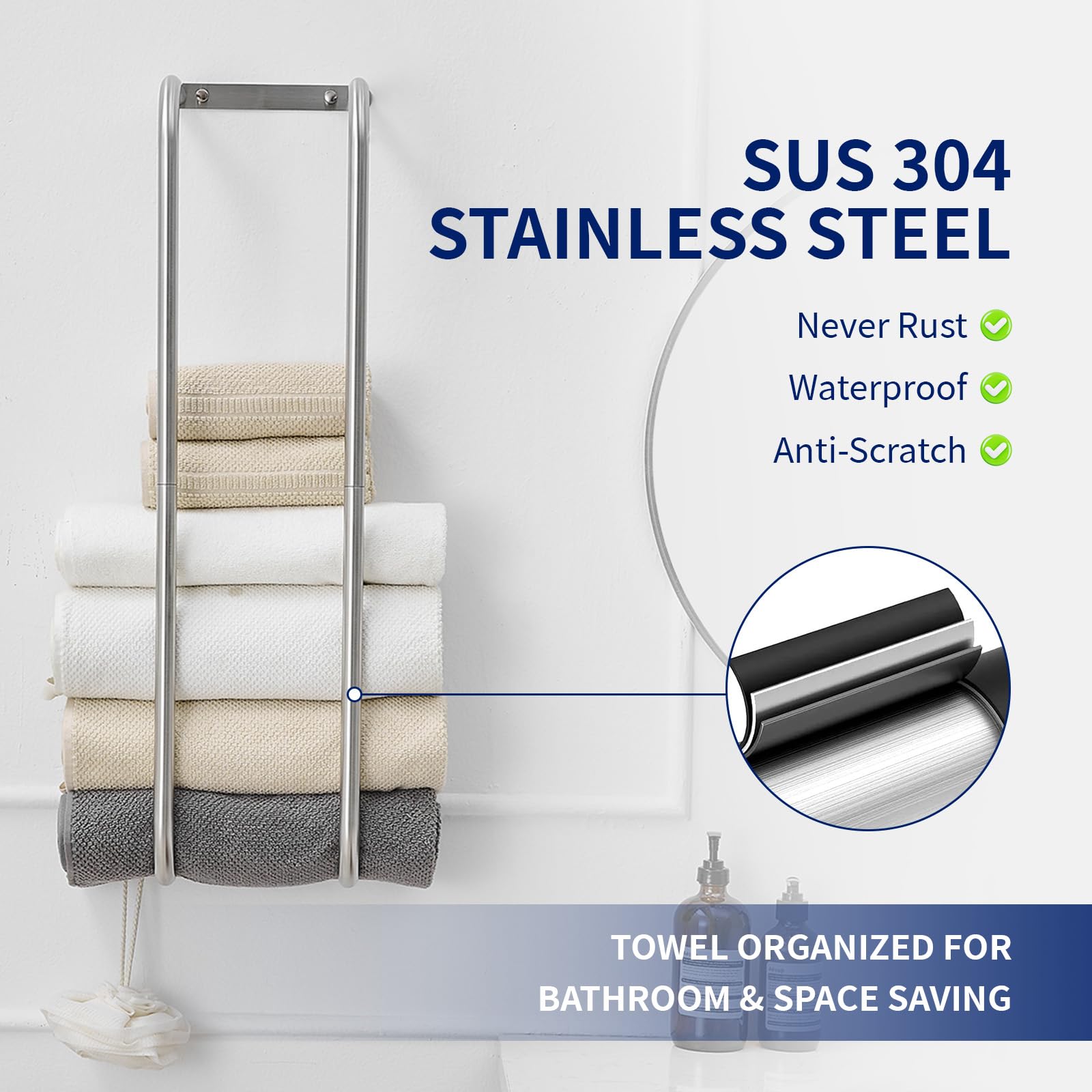 BWE Brushed Nickel Towel Rack two bars hold six large towels.