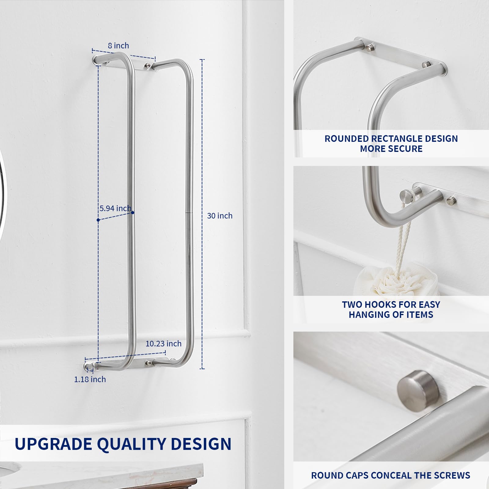 BWE Brushed Nickel Rack includes two hooks for robes or clothes.