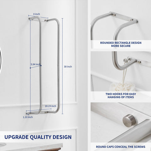 BWE Brushed Nickel Rack includes two hooks for robes or clothes.