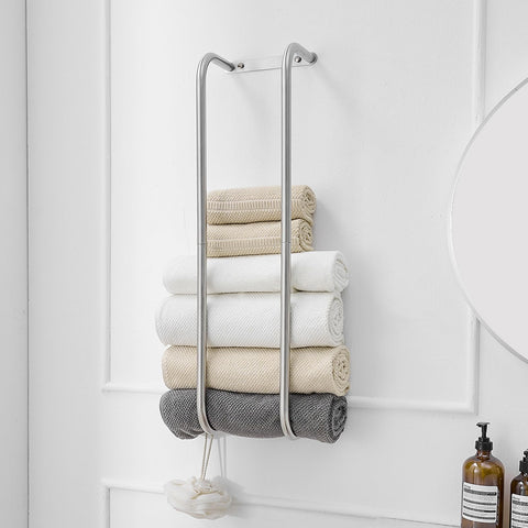 BWE Brushed Nickel Towel Rack wall mounted for compact bathroom organization.