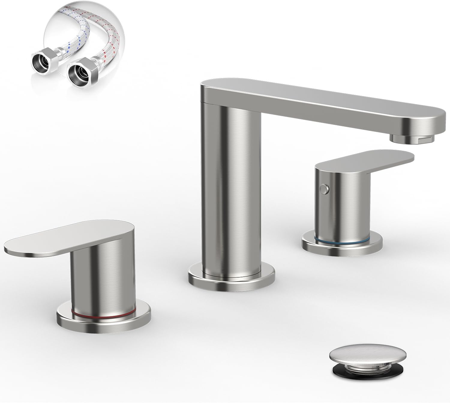 BWE brushed nickel widespread faucet close-up highlighting premium finish and build quality