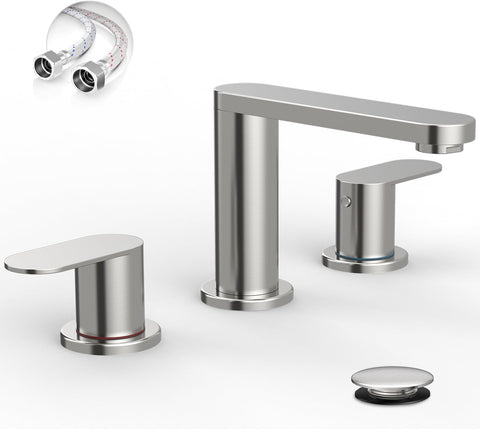 BWE brushed nickel widespread faucet close-up highlighting premium finish and build quality