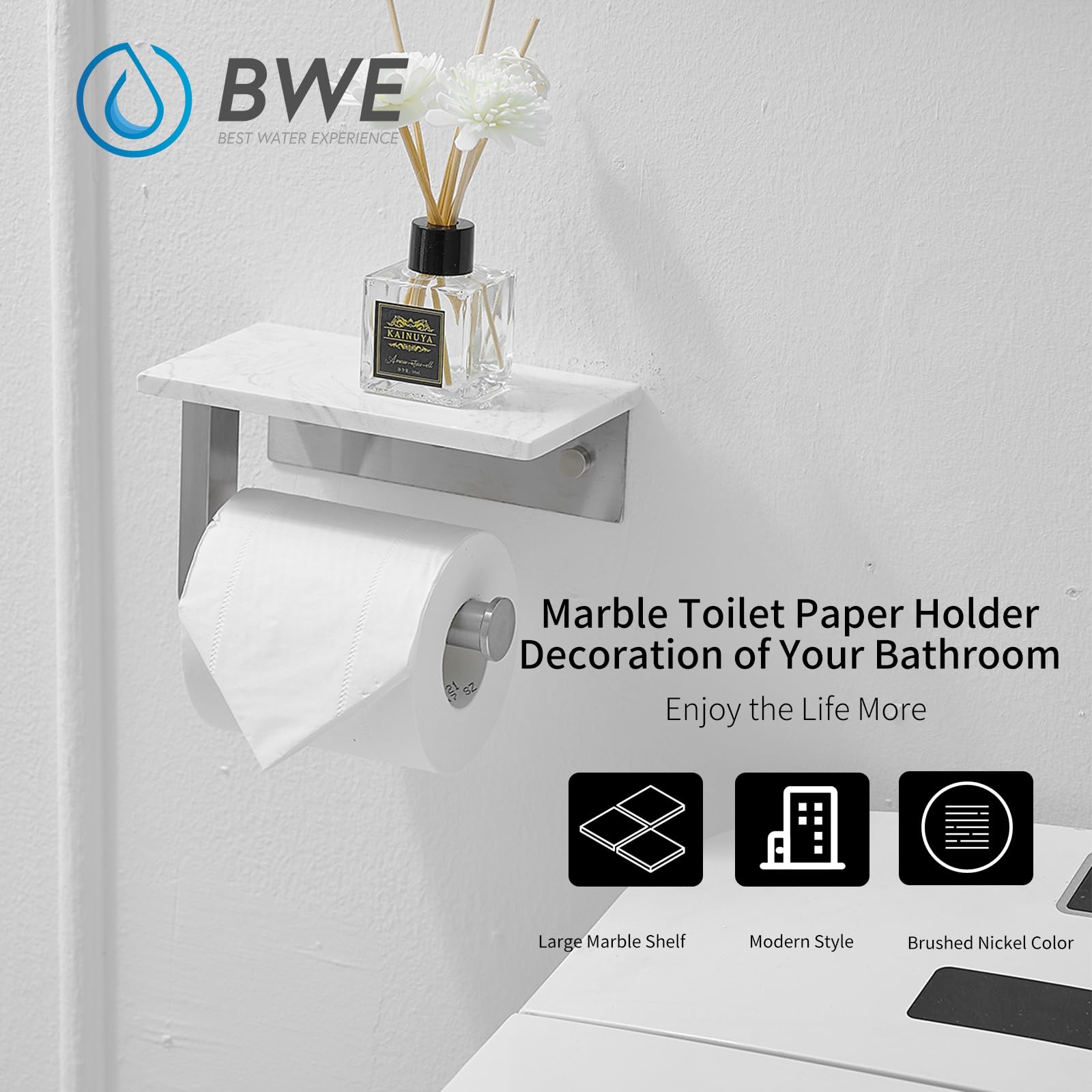 BWE marble holder with shelf side view highlighting space saving design