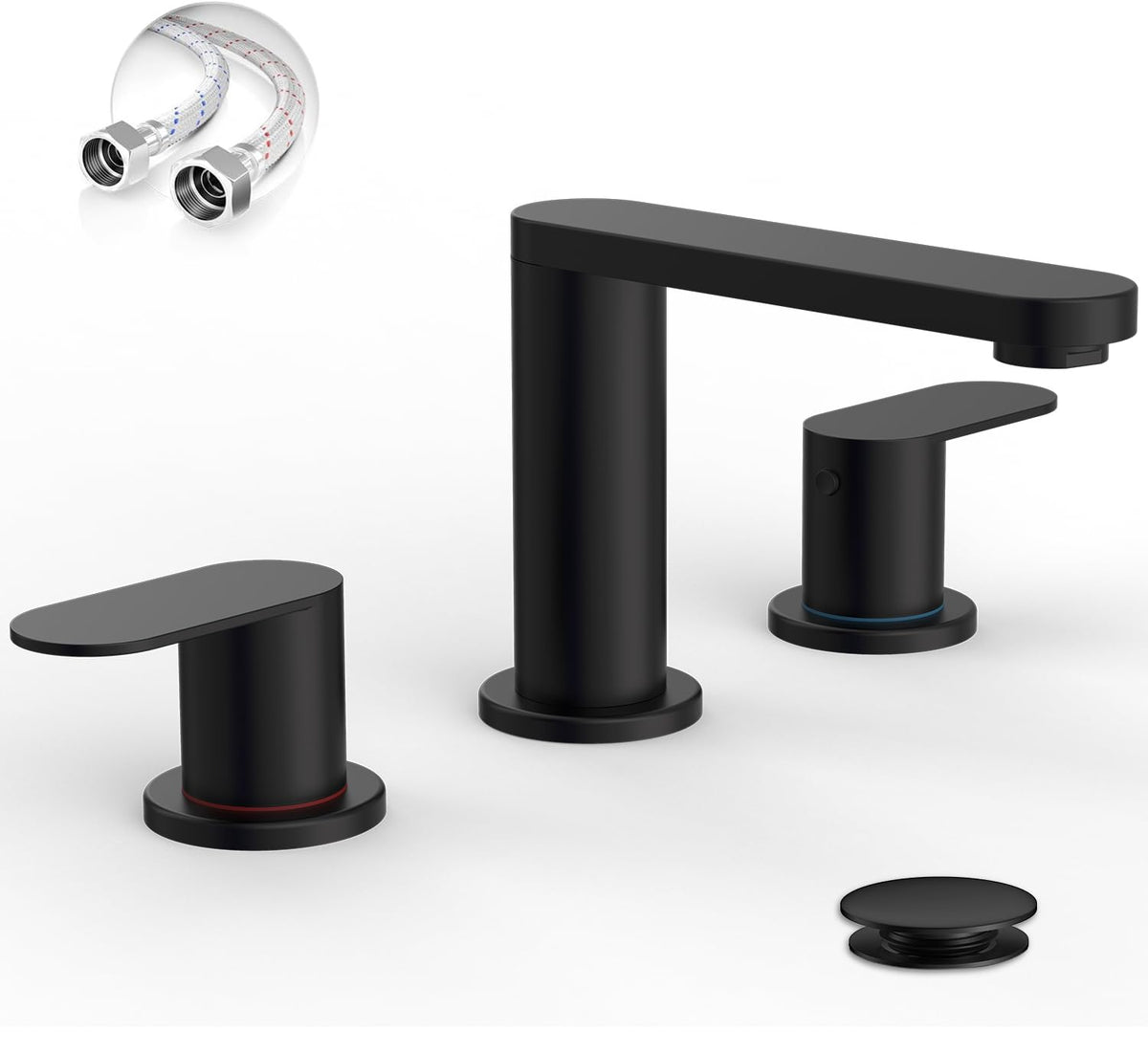 BWE matte black faucet with 8-inch wide spread for modern baths.