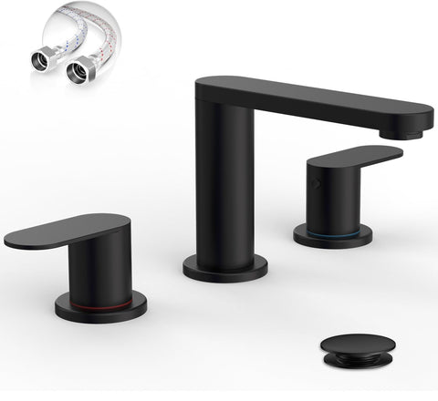 BWE matte black faucet with 8-inch wide spread for modern baths.
