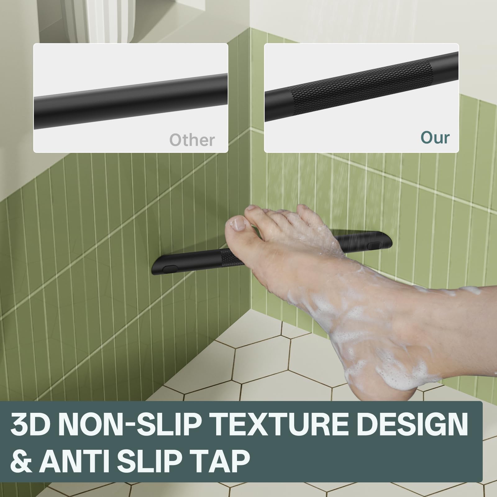 BWE shaving leg aid doubles as towel and washcloth holder for convenience.