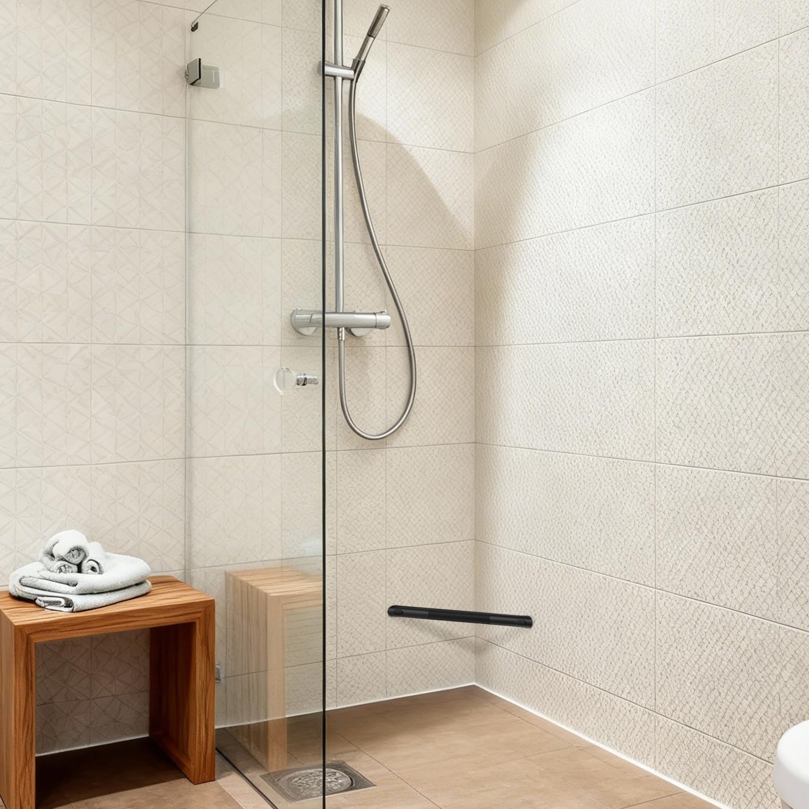 BWE anti-slip surface channels water away for safer stepping in showers.