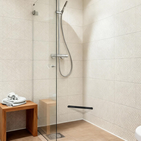 BWE anti-slip surface channels water away for safer stepping in showers.