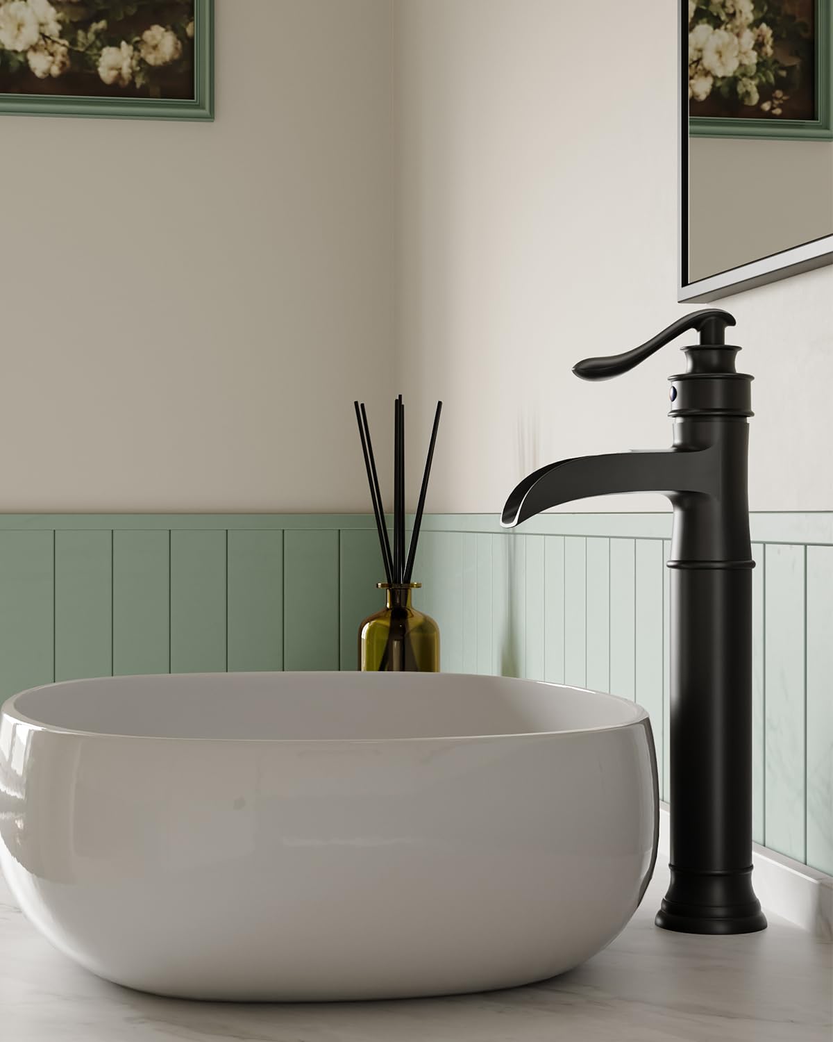 BWE vessel sink faucet matte black pop-up drain for easy installation.